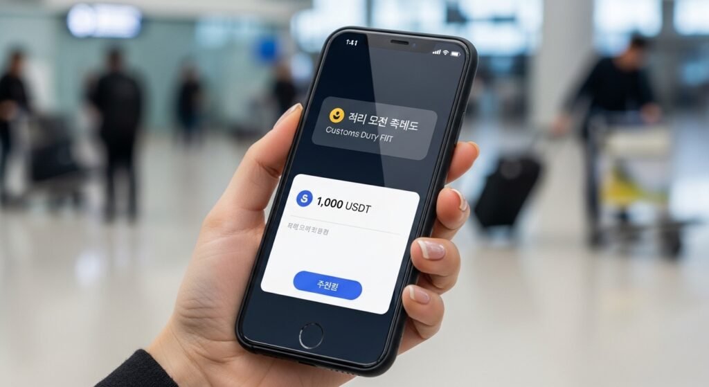 24시간 실시간 통관 알림과 테더 USDT 잔액을 확인하는 스마트폰 화면